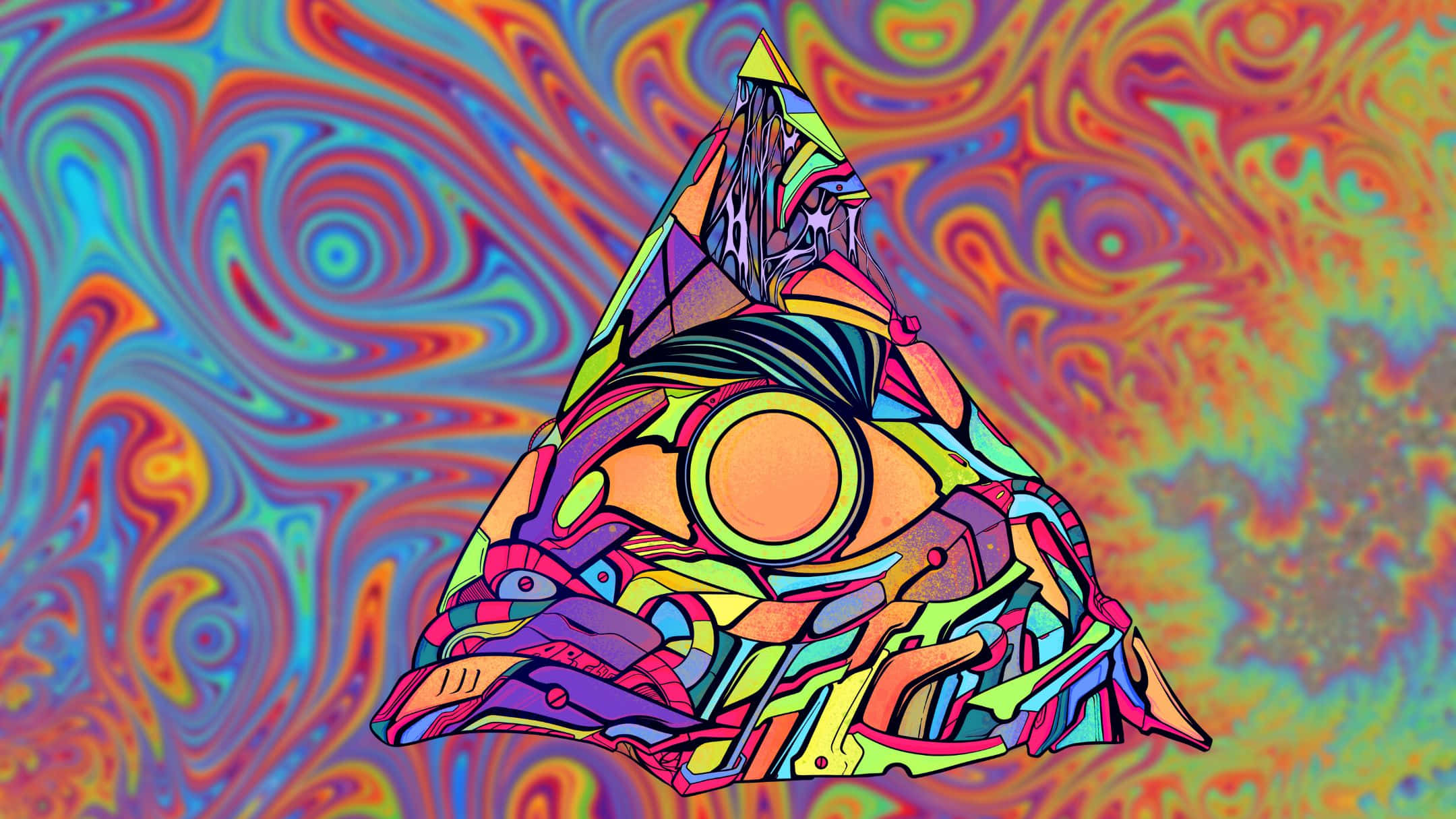 擁抱冷靜 壁紙 — 一個充滿活力的迷幻金字塔，帶有複雜的圖案，漂浮在旋轉的多彩背景上。