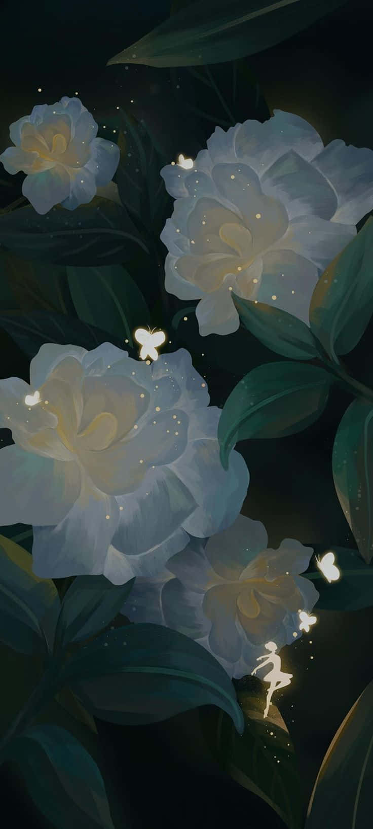 夜間深綠色葉叢中帶有蝴蝶的白色發光花朵。