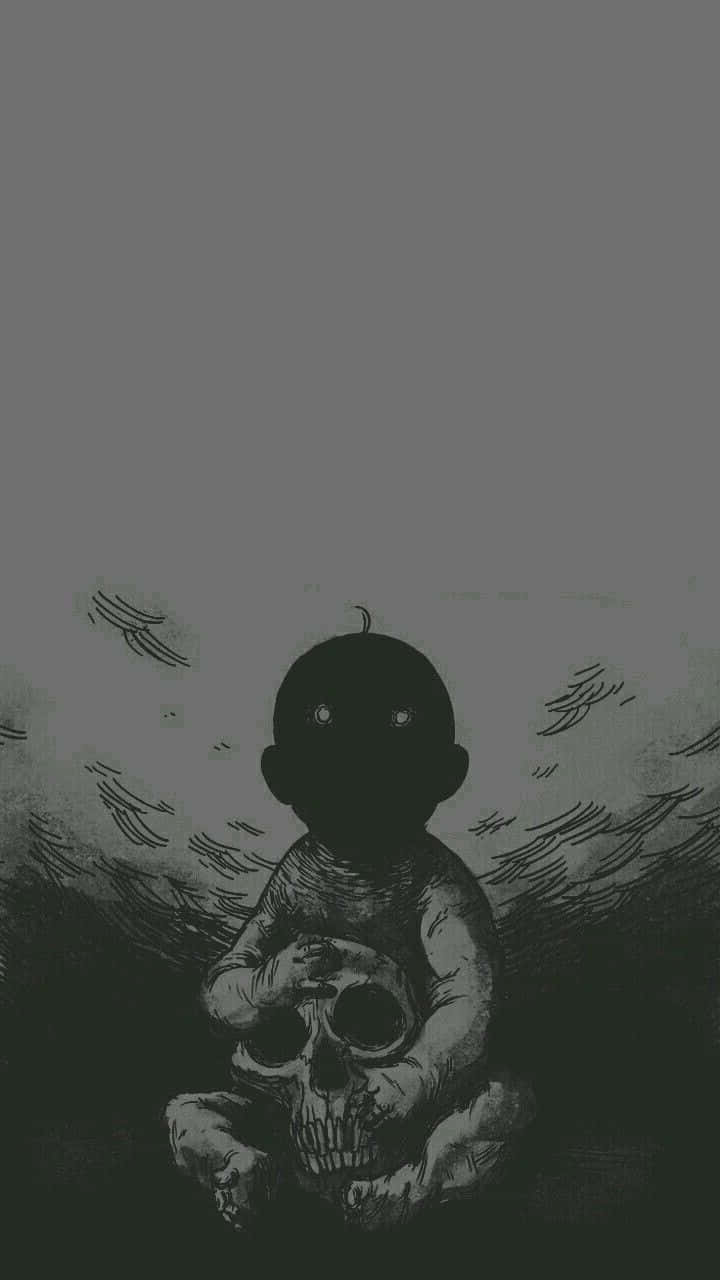 嬰兒在暴風雨灰濛濛的天空插圖中抱著頭骨