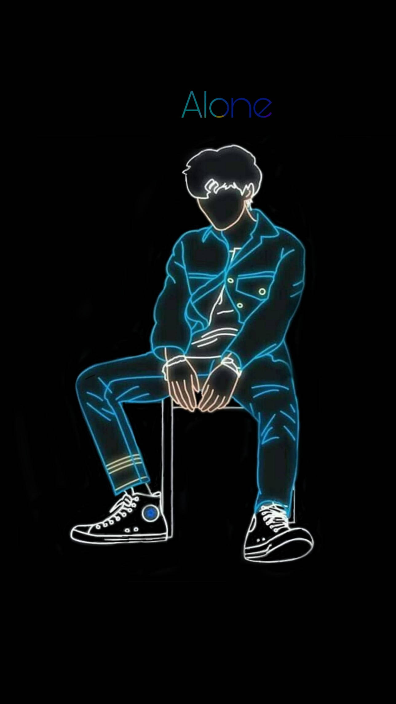 擁抱單身生活的寧靜之美 壁紙 — 一個發光嘅霓虹燈輪廓，一個人獨自坐喺凳上，背景係黑色，上面有 'Alone' 呢個字。