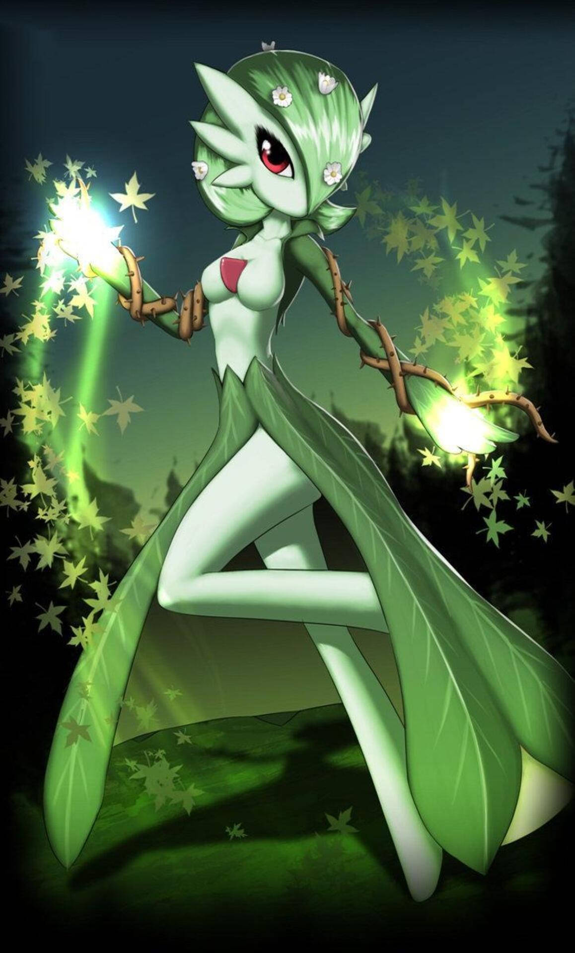 綠色動漫女孩，葉狀四肢，在黑暗森林中施展發光的星光魔法。