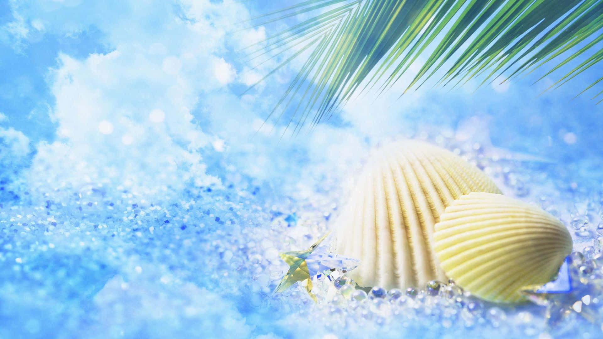 擁抱夏日之美，享受精彩戶外之旅 壁紙 — 兩個奶油色貝殼和一隻海星在閃閃發光的藍色沙子上，棕櫚葉下，映襯著明亮的天空。