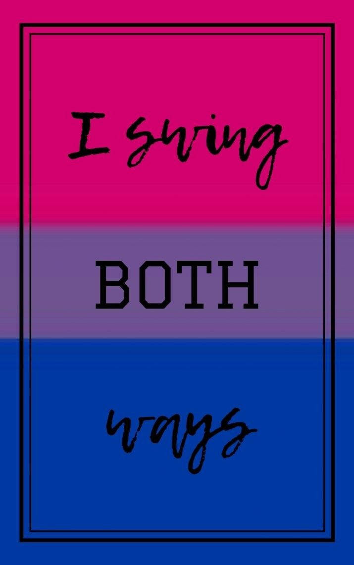 圖形，在粉紅、紫色、藍色漸變背景上帶有文字「I swing both ways」。