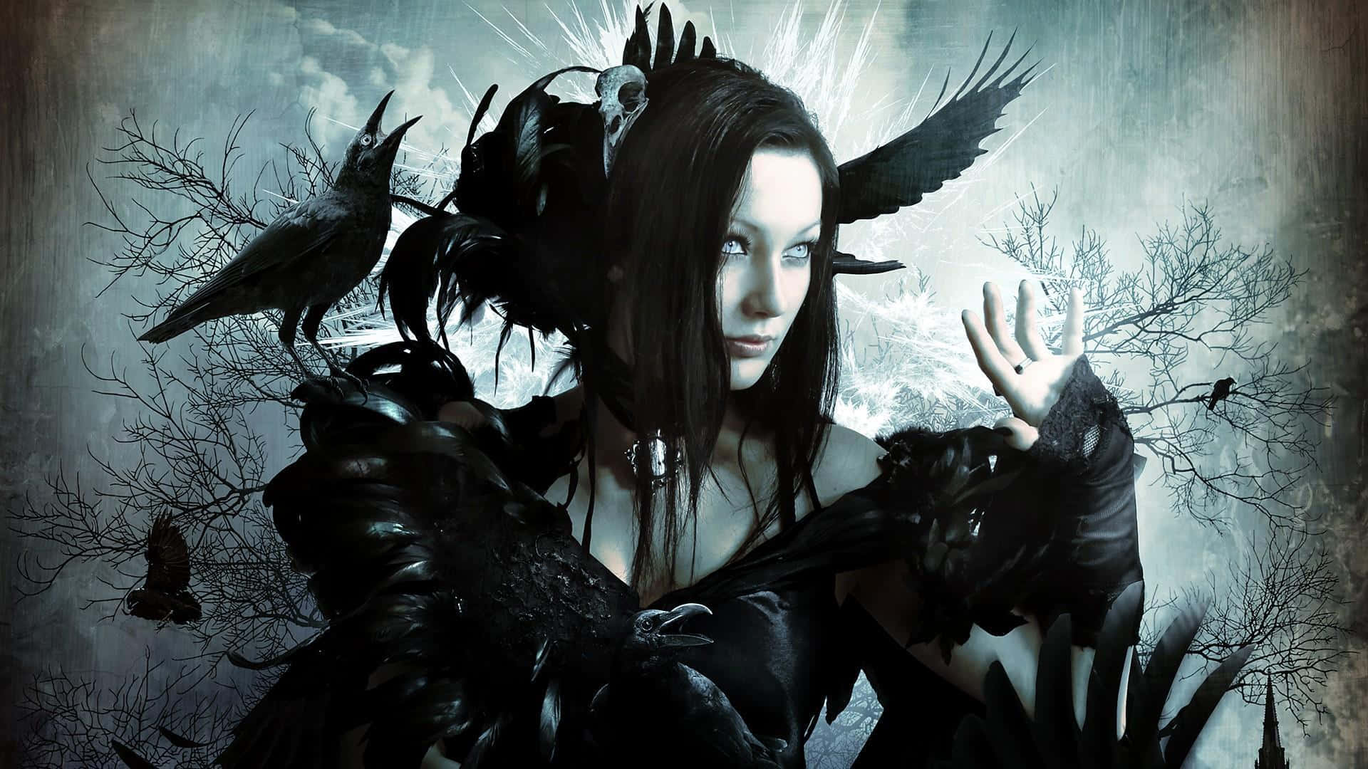 擁抱夜色的深邃，感受哥德世界的神秘氛圍 壁紙 — 一個黑暗奇幻女性，眼睛發光，烏鴉棲息在她的頭上和肩膀上，背景是風暴中荒蕪的樹木。