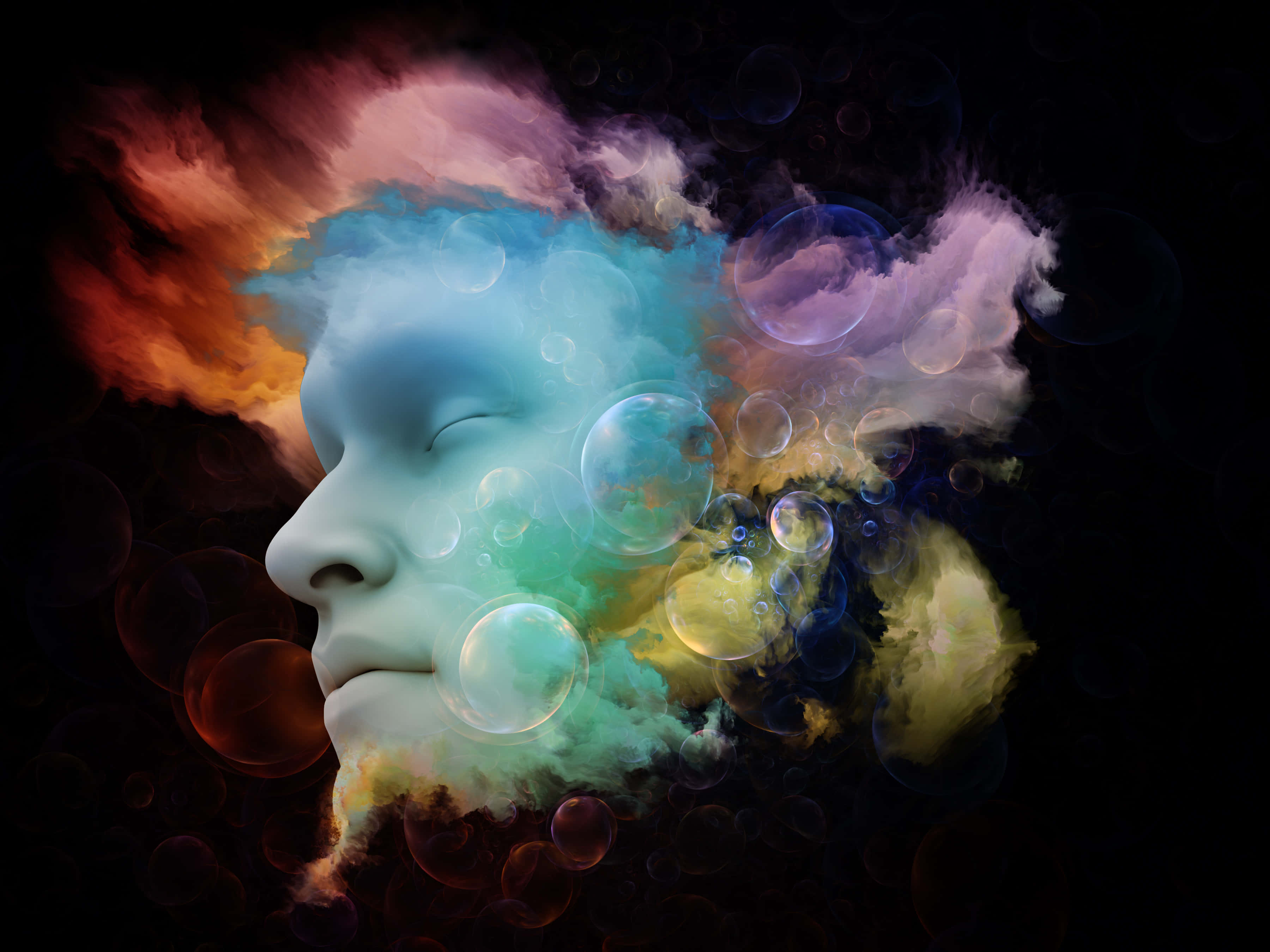 擁抱夢想的力量 壁紙 — 一個寧靜的人類側面從旋轉的宇宙色彩和漂浮的氣泡中浮現，背景是黑暗的虛空。
