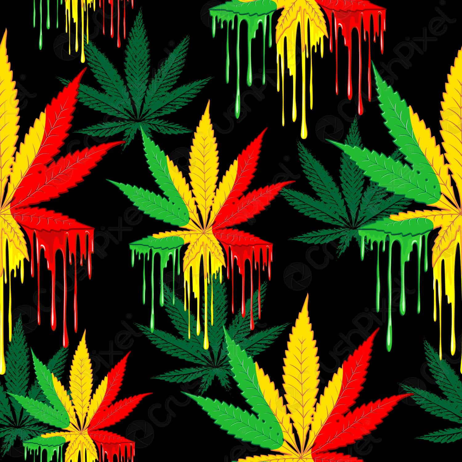 黑色背景上滴落顏料的多彩大麻葉。