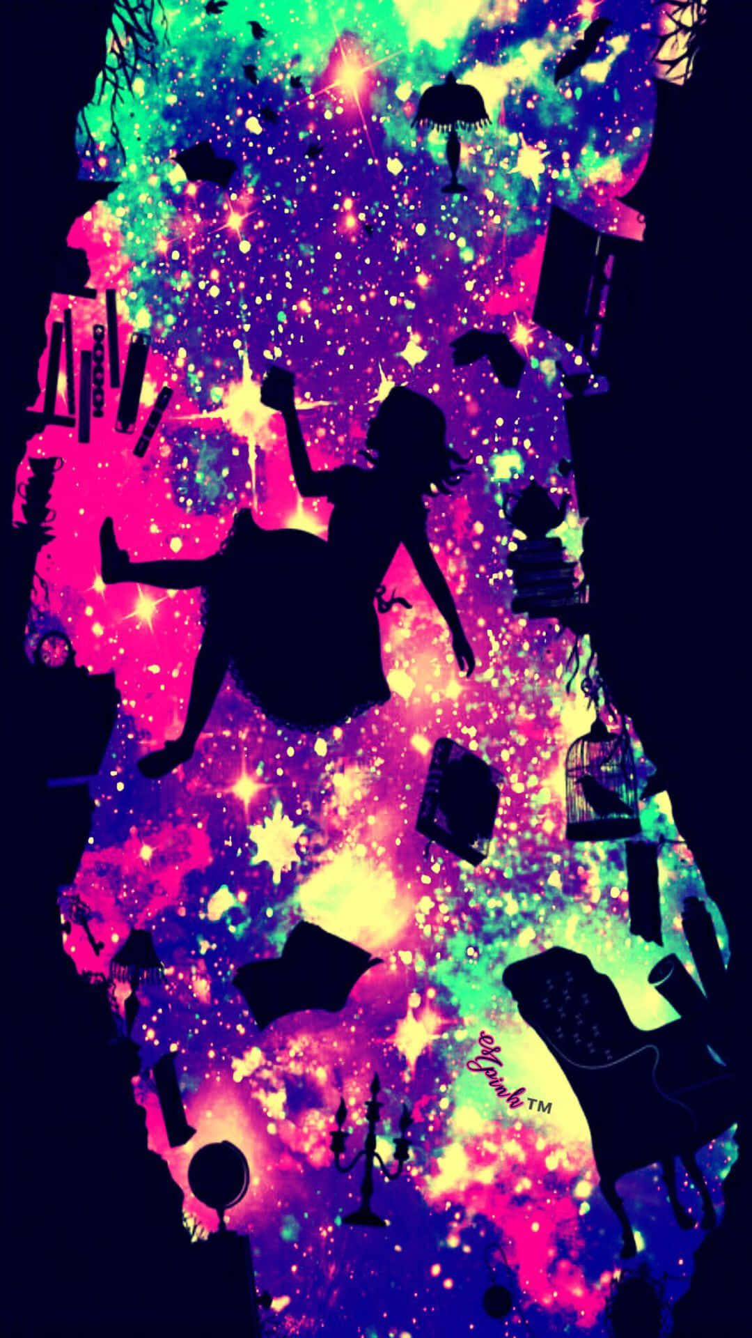 一個女孩剪影漂浮在色彩繽紛的宇宙場景中，有書本和星星。