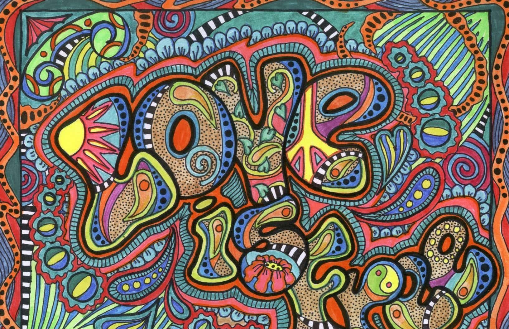 擁抱嬉皮生活，尋找自由與隨性 壁紙 — 充滿活力的迷幻插圖，爆發著漩渦圖案和大膽色彩，形成抽象的有機形狀。