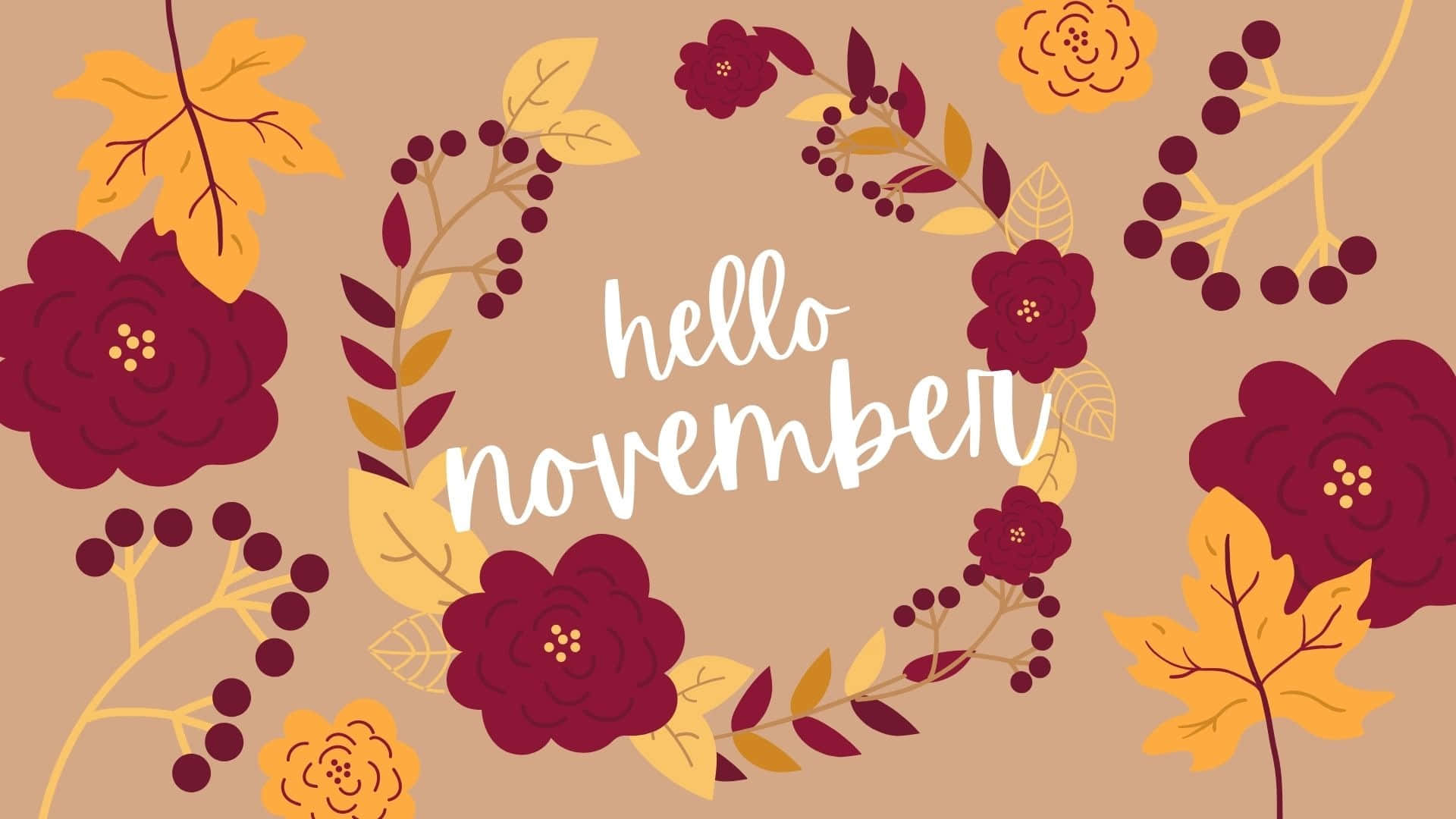 秋季花卉花環，帶有白色 hello november 文字。
