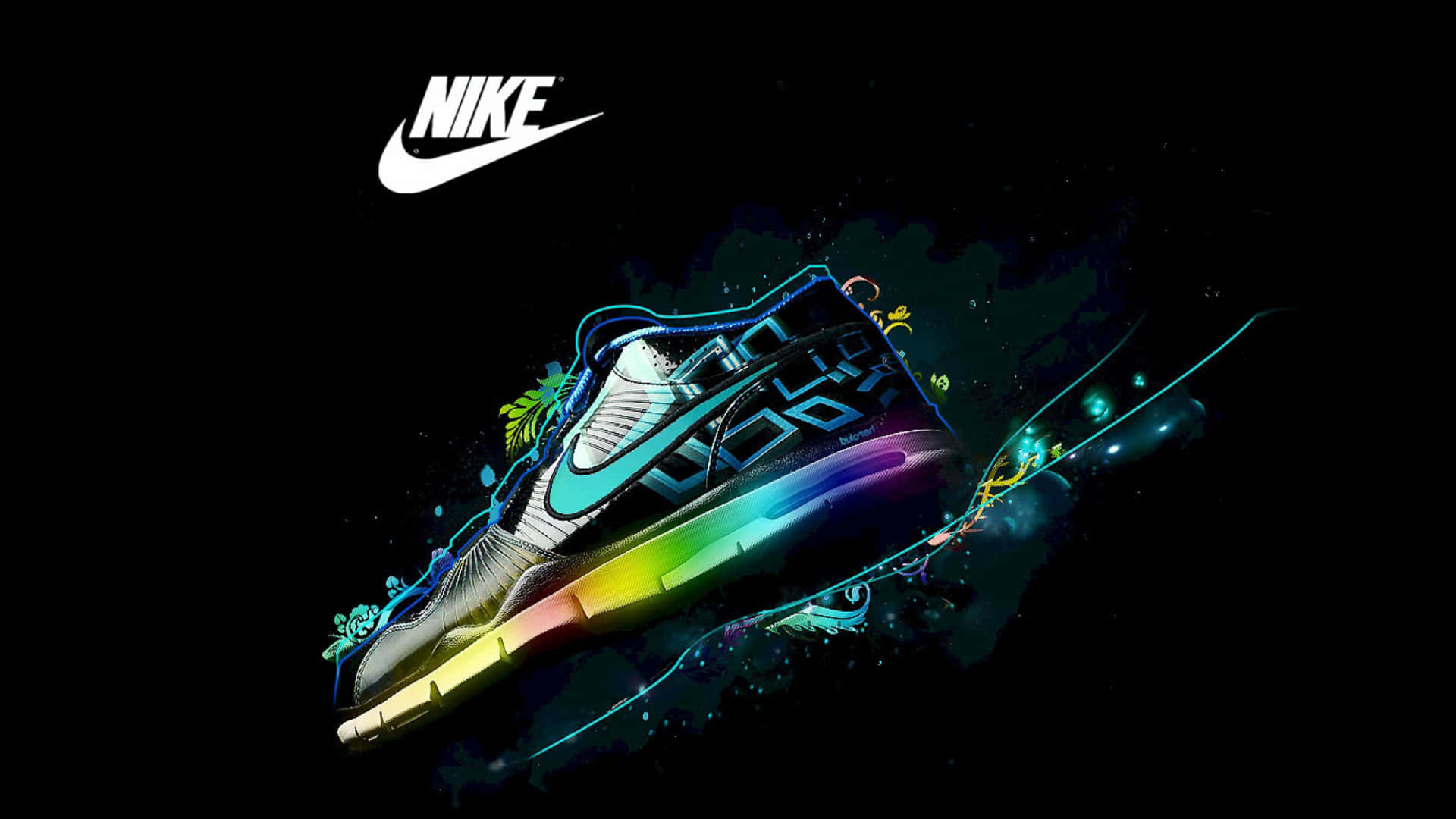 在黑暗的太空背景下，一雙帶有彩虹色和霓虹軌跡的發光Nike運動鞋。