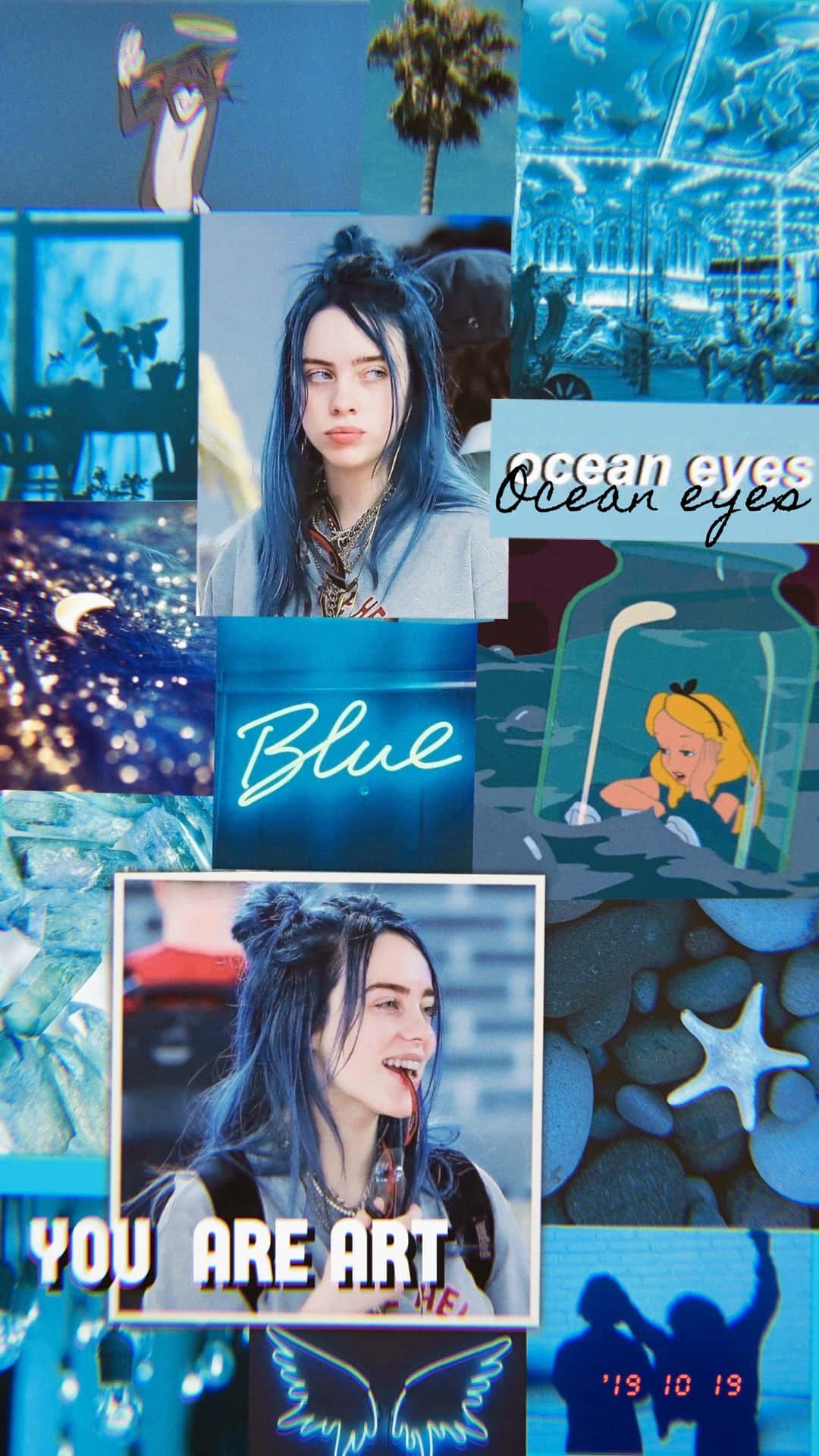 藍色主題拼貼畫，包含 Billie Eilish、海洋、動漫和文字藝術。