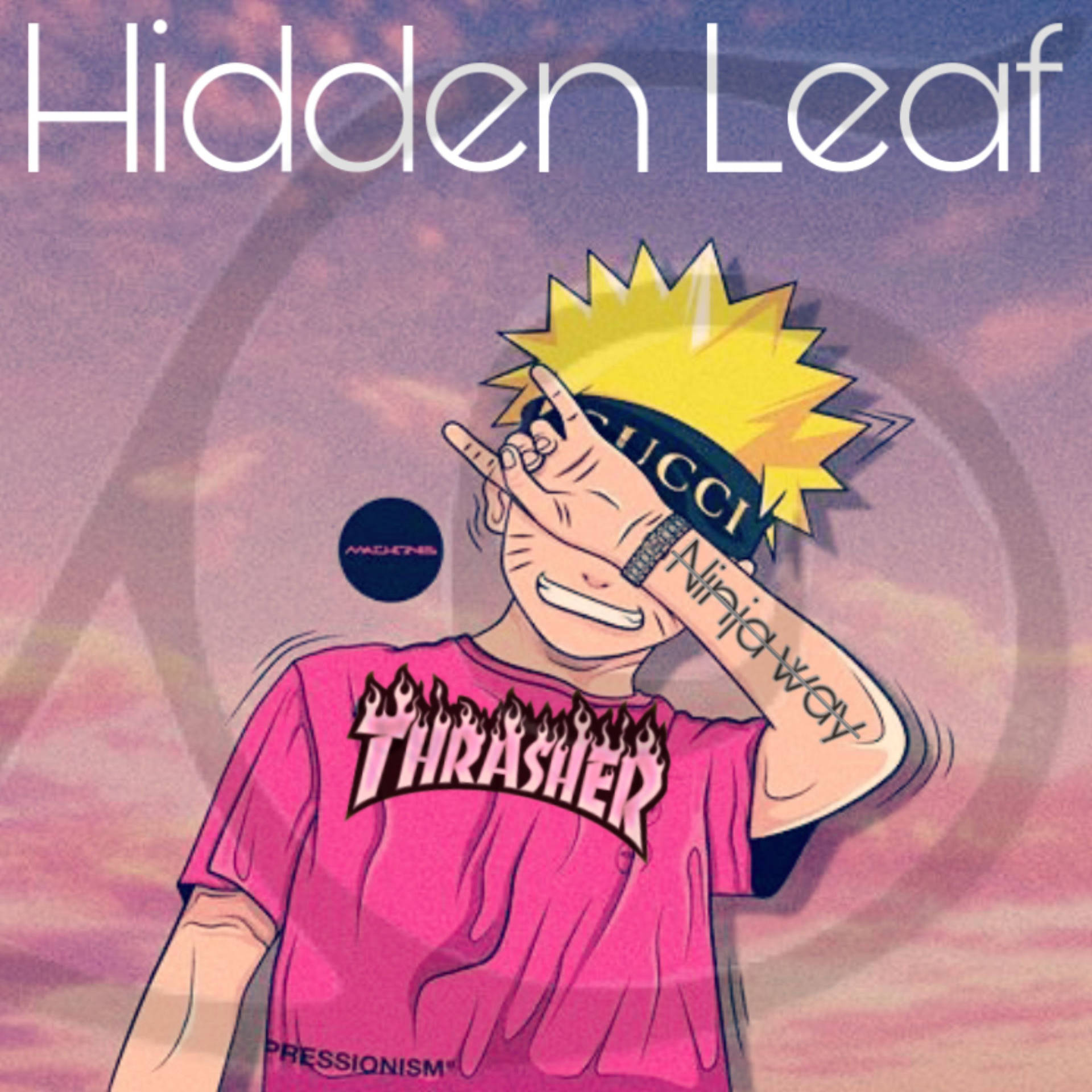 動漫忍者穿著粉紅色襯衫在日落時做出和平手勢，帶有「Hidden Leaf」文字。