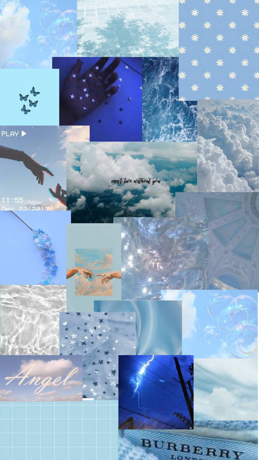 一個藍色調拼貼畫，以天空、雲朵、星星、手部和浪漫文字片段為特色。