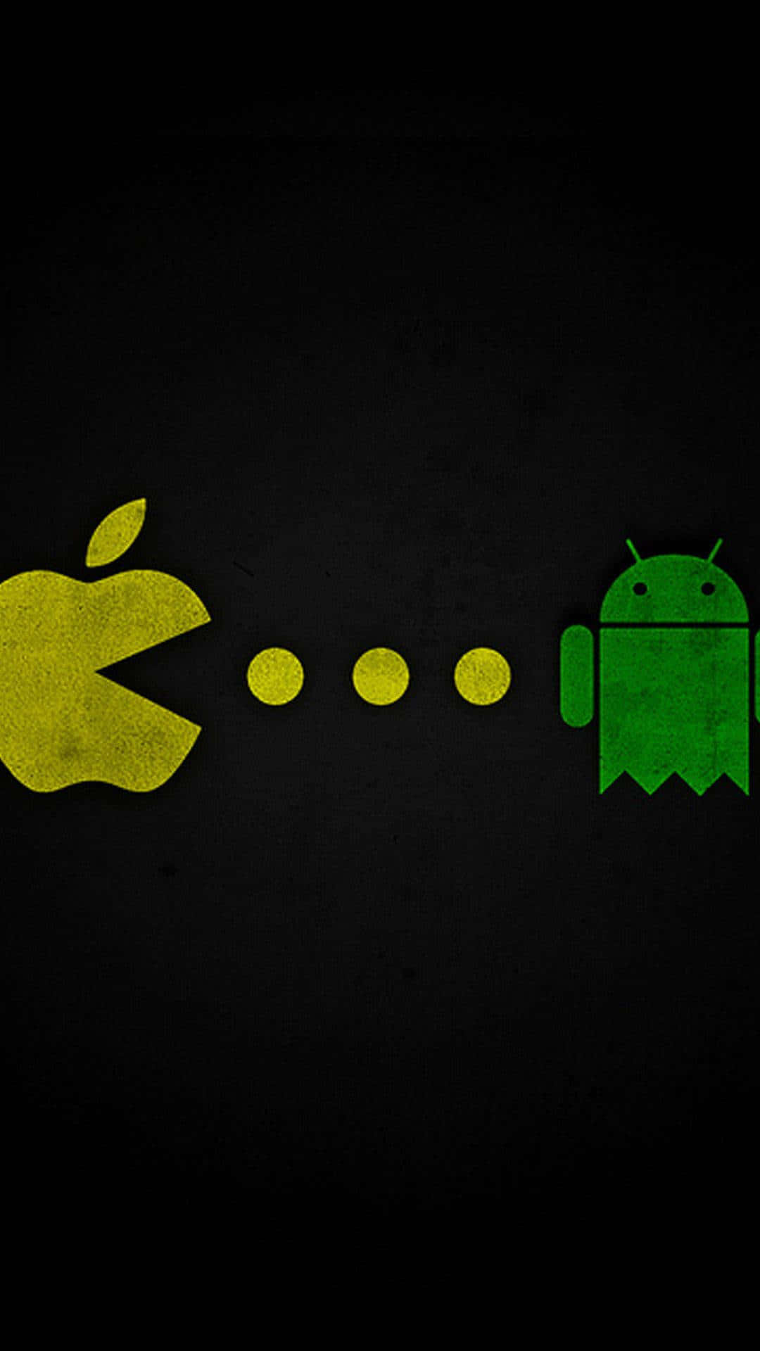 黃色Apple標誌在深色背景上以Pacman風格追逐綠色Android鬼魂。