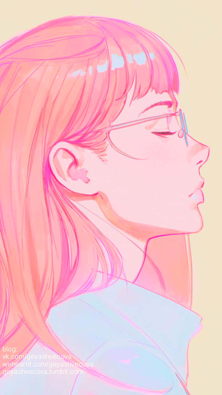 粉紅色頭髮和眼鏡的動漫女孩，平靜的側面視圖。