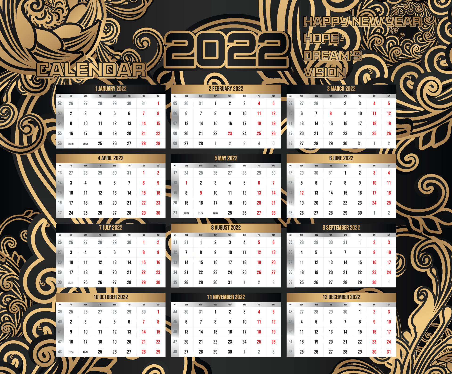 擁抱希望、夢想與遠見——2022年曆 壁紙 — 2022年月曆，黑色背景上帶有金色華麗漩渦紋，每月網格顯示紅色週末日期。