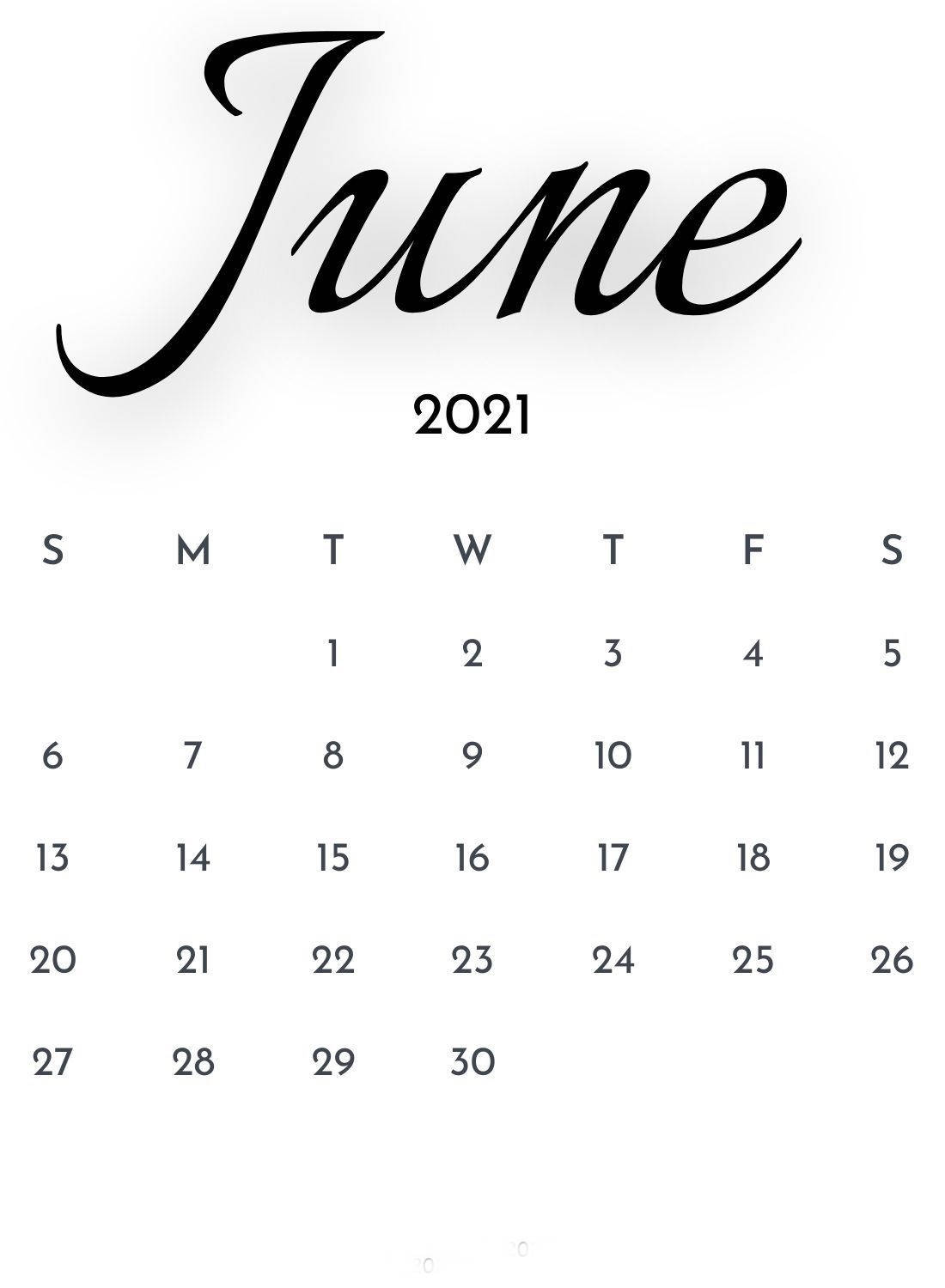 2021年6月月曆，配有優雅草書字體和簡單網格佈局。