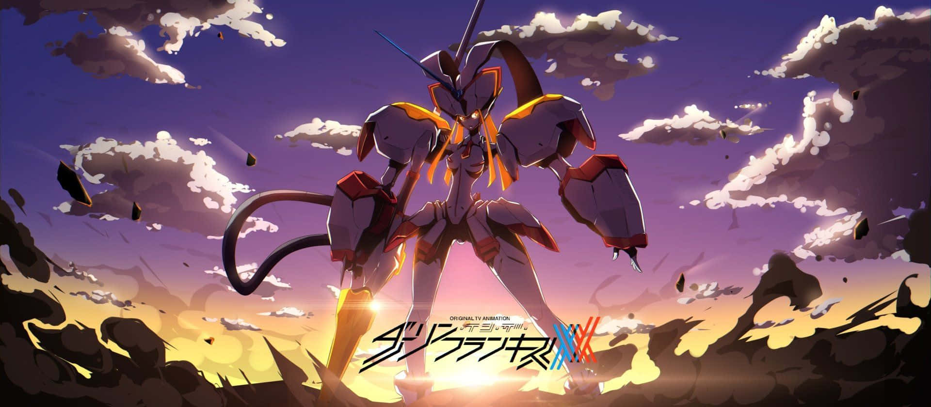 擁抱年輕心靈的力量——《Darling in the FranXX》 壁紙 — 一個高聳的機甲英雄般地站在戲劇性的紫色日落天空下，周圍有漂浮的碎片和風格化的雲朵。