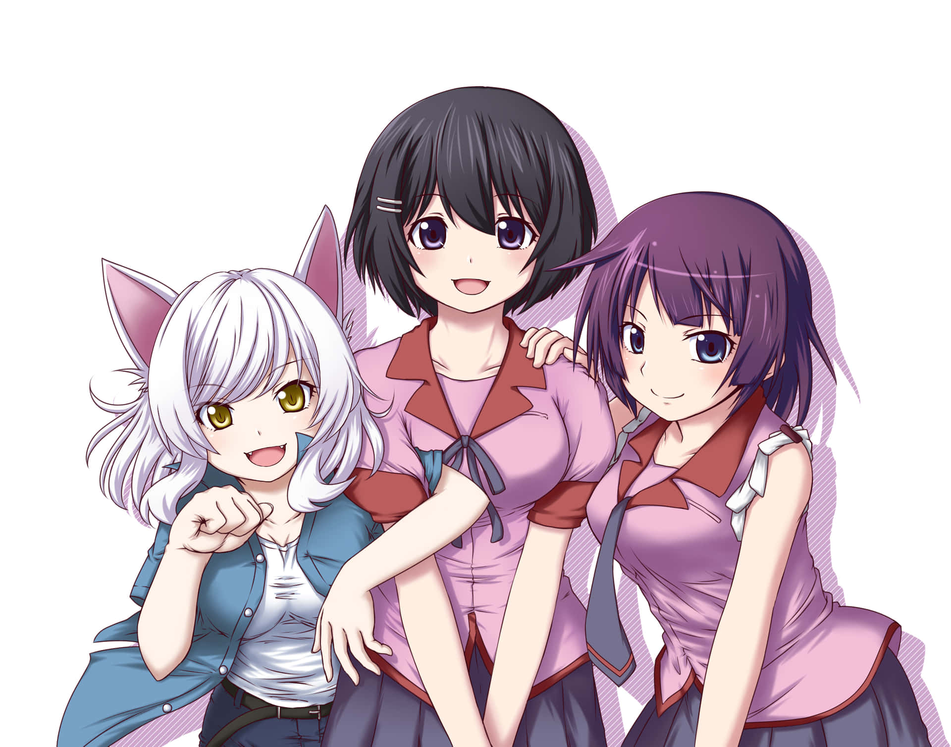三個戴著貓耳、穿著校服的動畫女孩一起微笑。