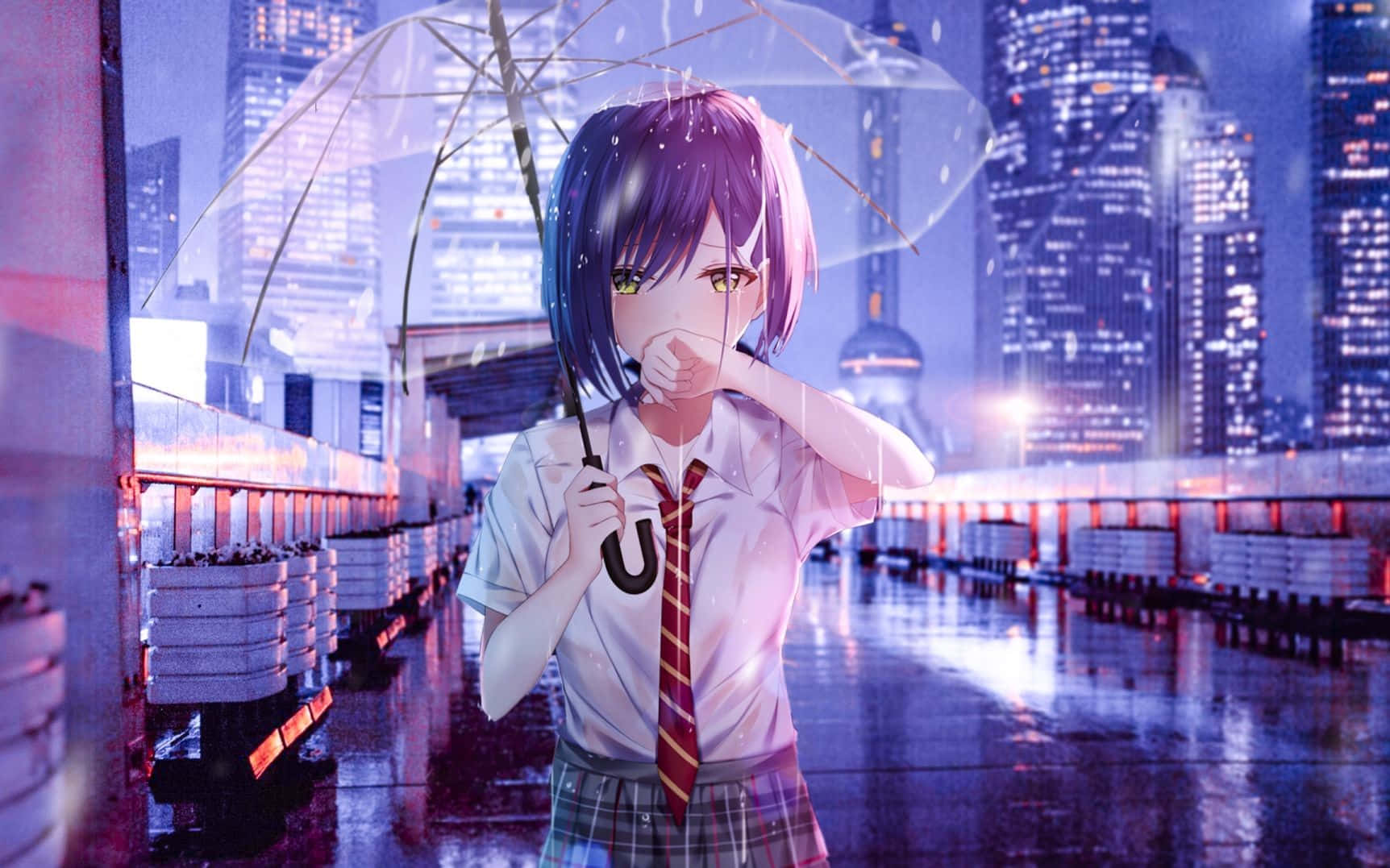 穿著校服的動漫少女在雨夜的城市中撐傘。