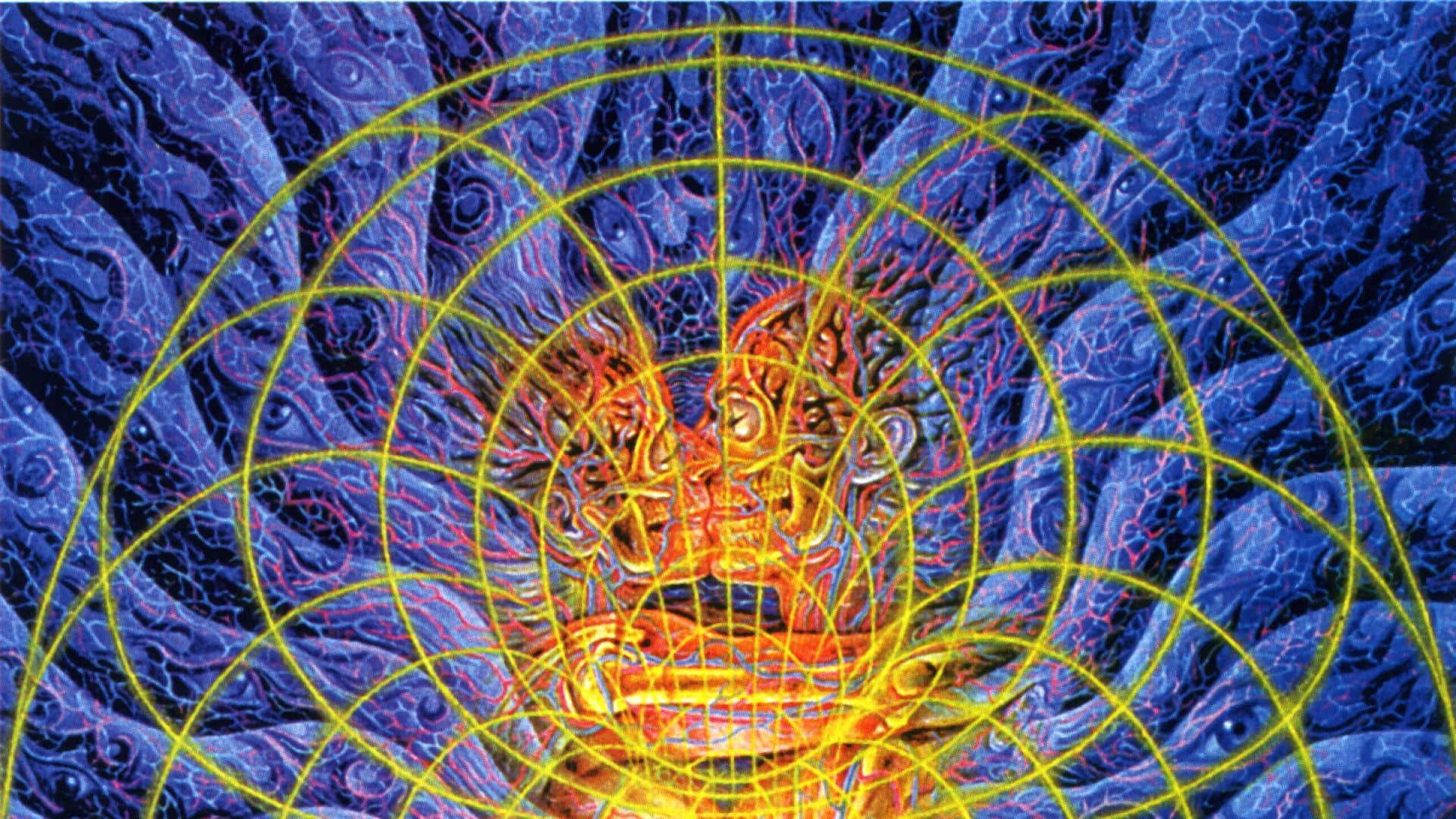 一個發光的宇宙面孔，帶有金色網格線，背景是旋轉的藍色星雲。
