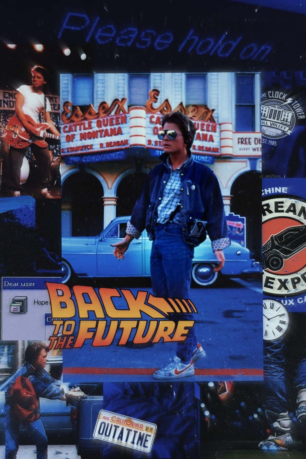 《回到未來》電影海報拼貼畫，包含 Marty McFly、DeLorean 和霓虹燈牌。