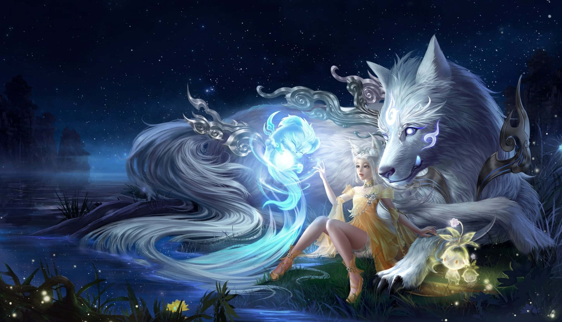 一位仙子和一隻白狼在繁星點點的夜空下分享一個神奇的時刻。
