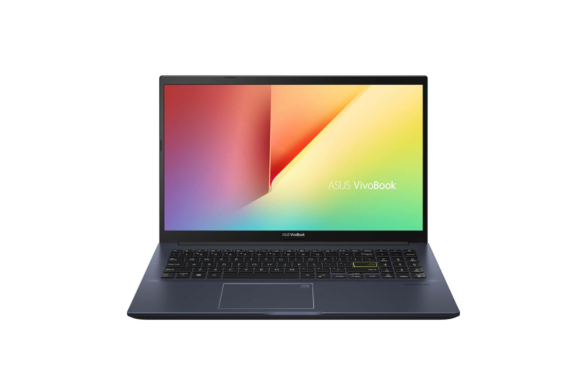 擁抱數位時代，選購時尚筆記本電腦 壁紙 — 一部時尚的深藍色ASUS VivoBook手提電腦在白色背景上打開，顯示充滿活力的漸變屏幕。