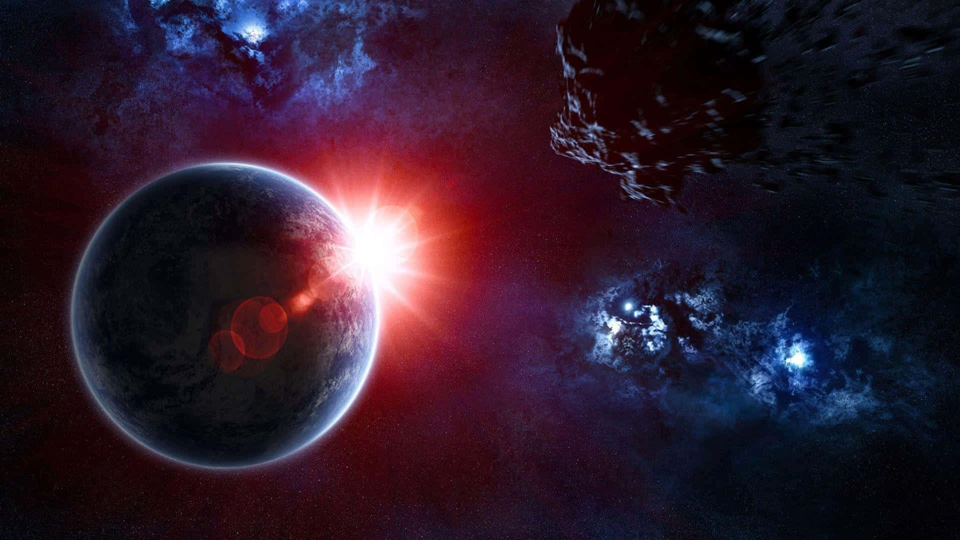 行星圍繞一顆明亮的紅色恆星運行，帶有發光的藍色星雲和一顆經過的小行星。