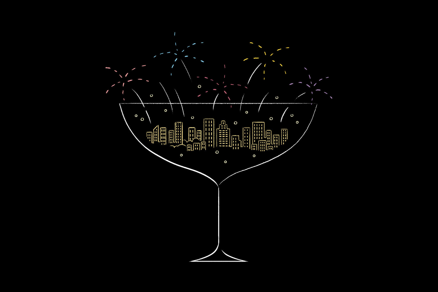 擁抱新年——煙火盛會 壁紙 — 一個風格化的雞尾酒杯，裝滿了金色城市天際線和爆發的彩色煙火，背景為黑色。