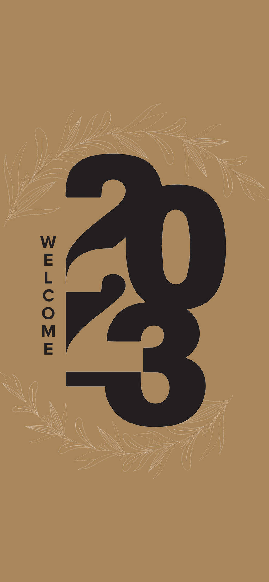棕色背景上帶有樹葉圖案的歡迎2023文字設計