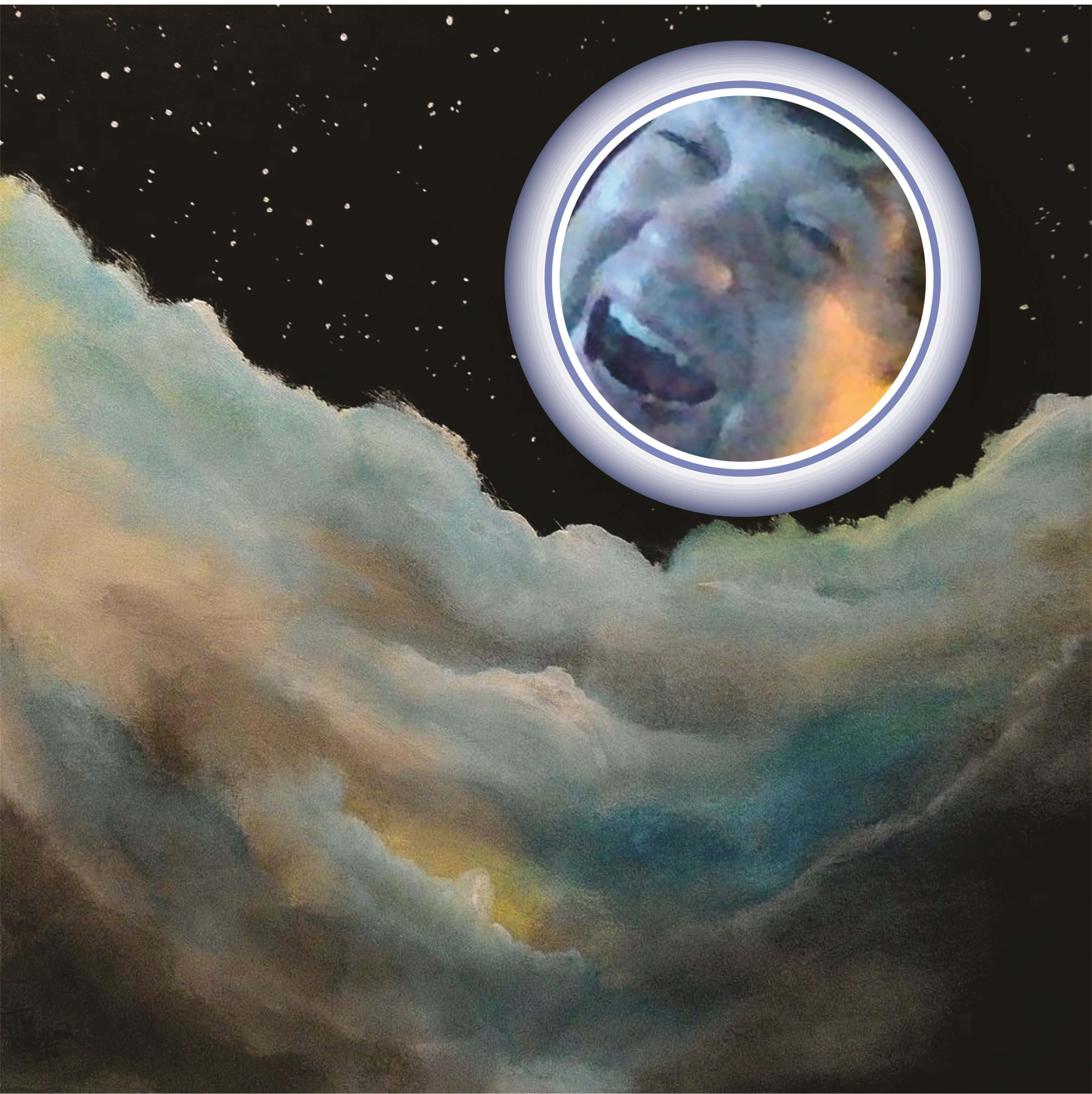 擁抱月相循環 壁紙 — 一個宇宙星雲在一個發光環下方旋轉，環內有一個尖叫的臉孔，背景是佈滿星星的虛空。