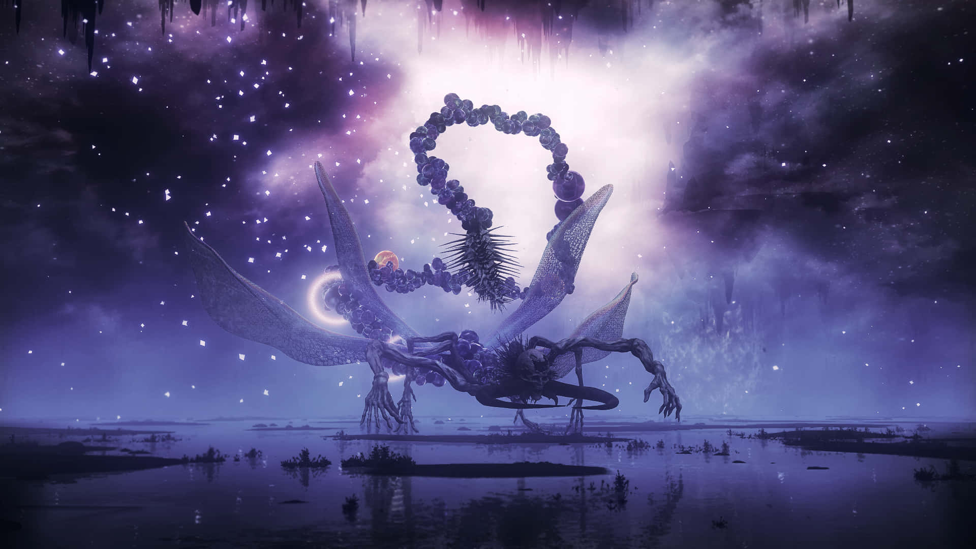 一隻紫色龍，擁有發光的翅膀，站在星空暮光天空下的沼澤中。