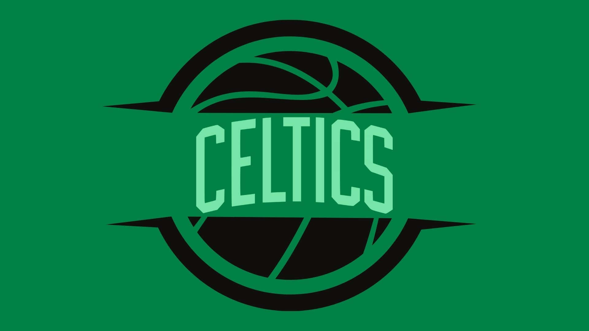 擁抱波士頓塞爾提克隊的偉大 壁紙 — 大膽的綠色 Celtics 標誌，籃球剪影居中，置於純綠色背景上。