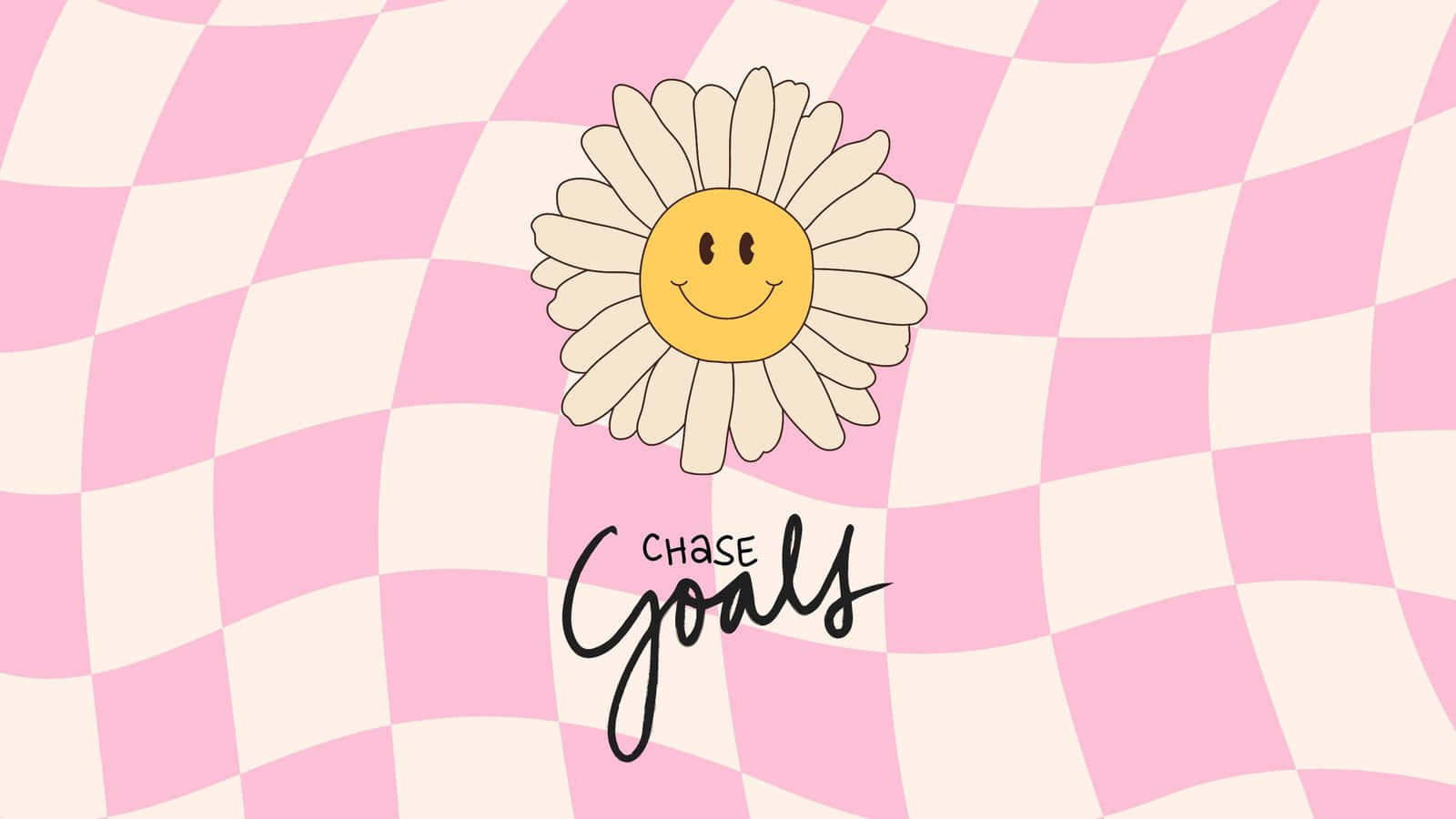 一朵微笑的雛菊花，在粉紅和奶油色棋盤背景上有「Chase Goals」文字。