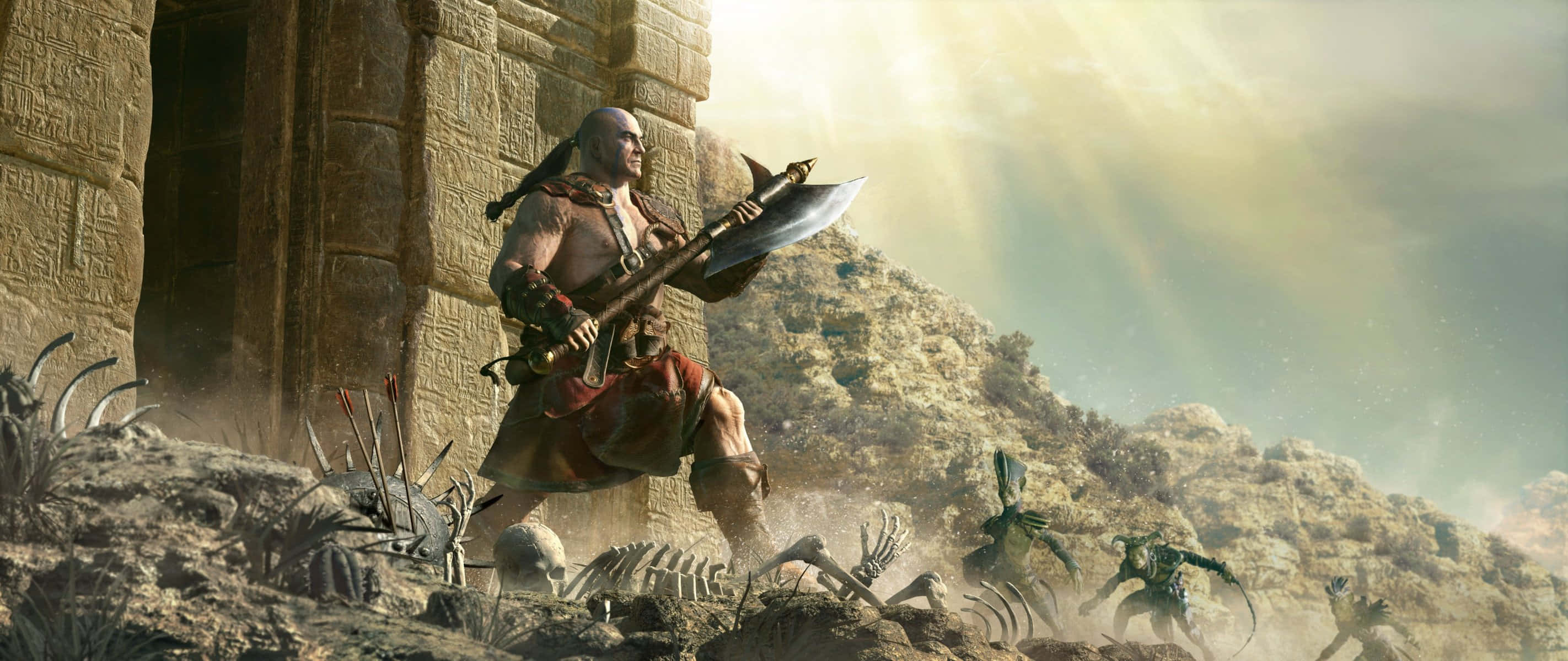 擁抱混沌——《Diablo 2 Resurrected》 壁紙 — 一位肌肉發達的戰士在陽光明媚的古代廢墟戰場上揮舞著巨大的斧頭對抗骷髏敵人。
