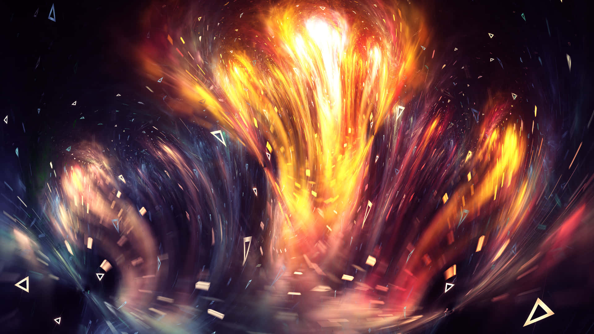 一場熾熱的宇宙爆炸，帶有發光粒子和漂浮的三角形。
