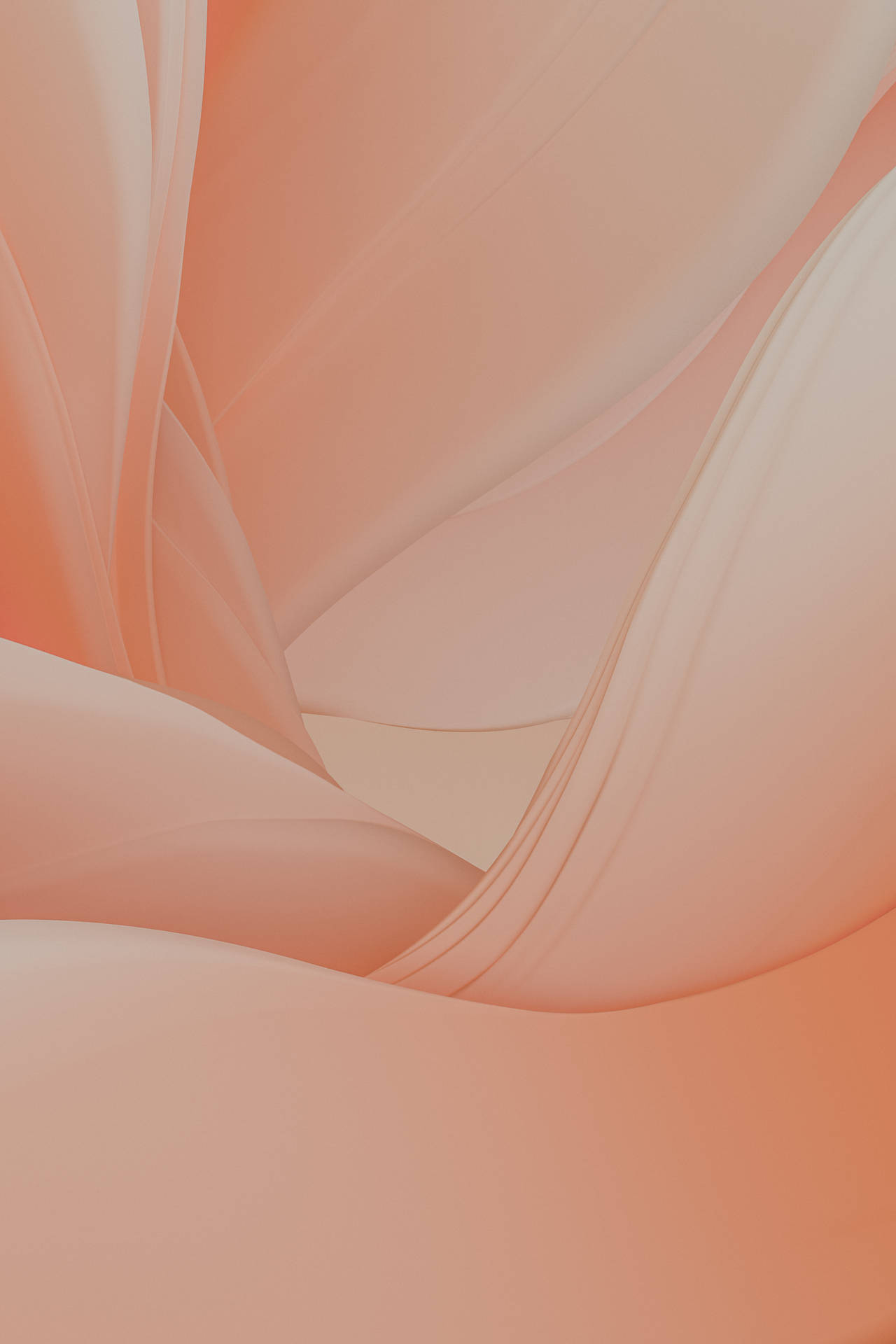 擁抱溫暖：柔和橙色美學的迷人展現 壁紙 — 柔和的蜜桃和奶油抽象波浪以溫柔的曲線流動，營造出寧靜的極簡構圖。