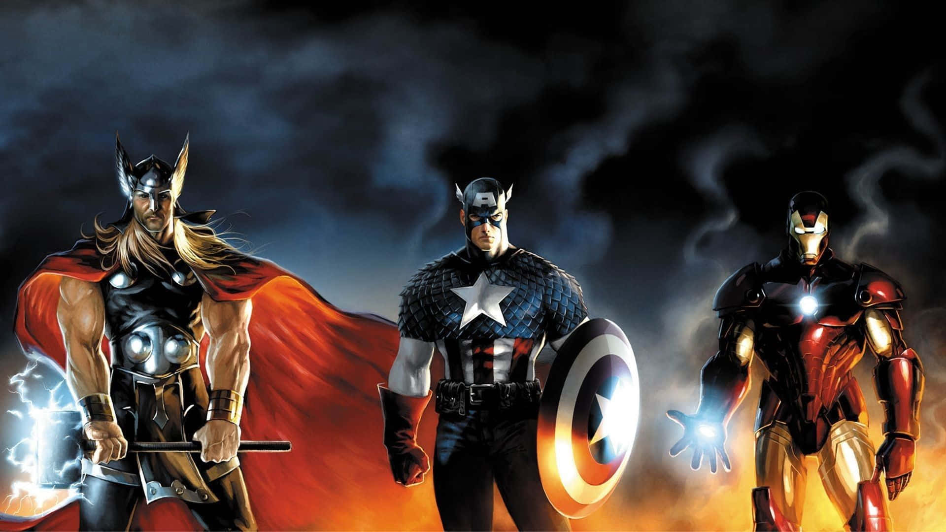 擁抱漫威力量，盡在BestMarvel 壁紙 — 雷神、美國隊長和鐵甲奇俠在黑暗暴風雨的天空下，帶著發光的能量效果英勇地站立。
