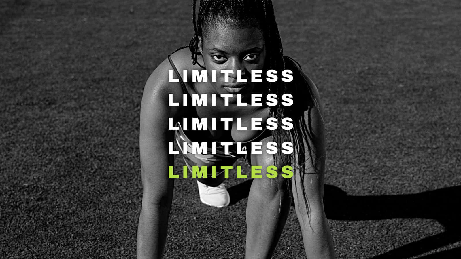 一位專注的女性穿著運動服蹲在人行道上，帶有 'limitless' 文字疊加。