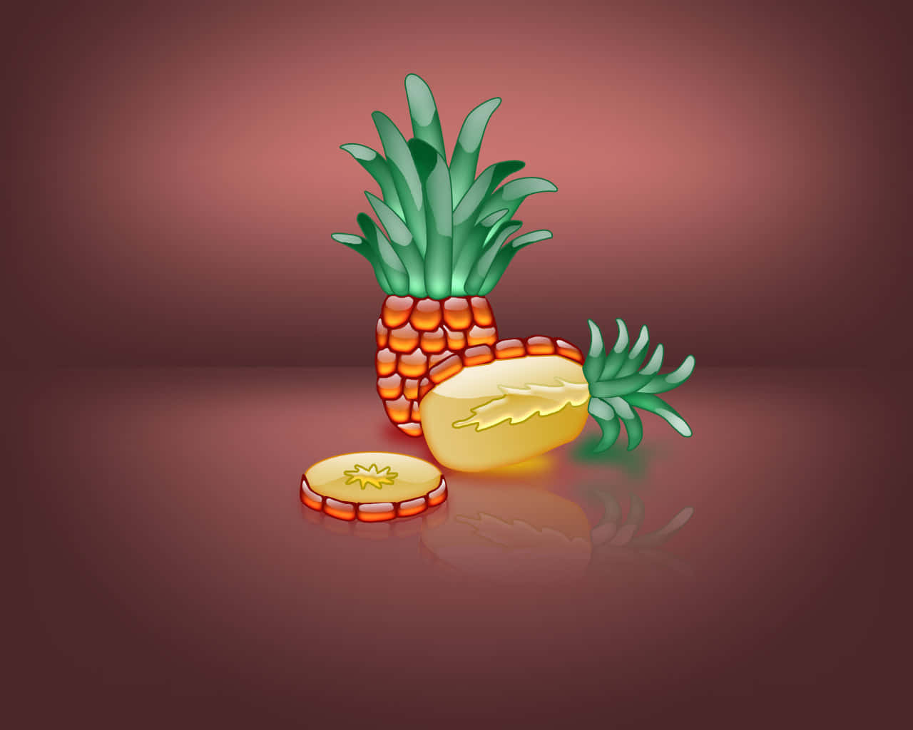 擁抱甜美——近距離欣賞可愛切片菠蘿 壁紙 — 整個菠蘿和切片在反射表面上溫暖地發光，背景是深紫紅色的漸變。