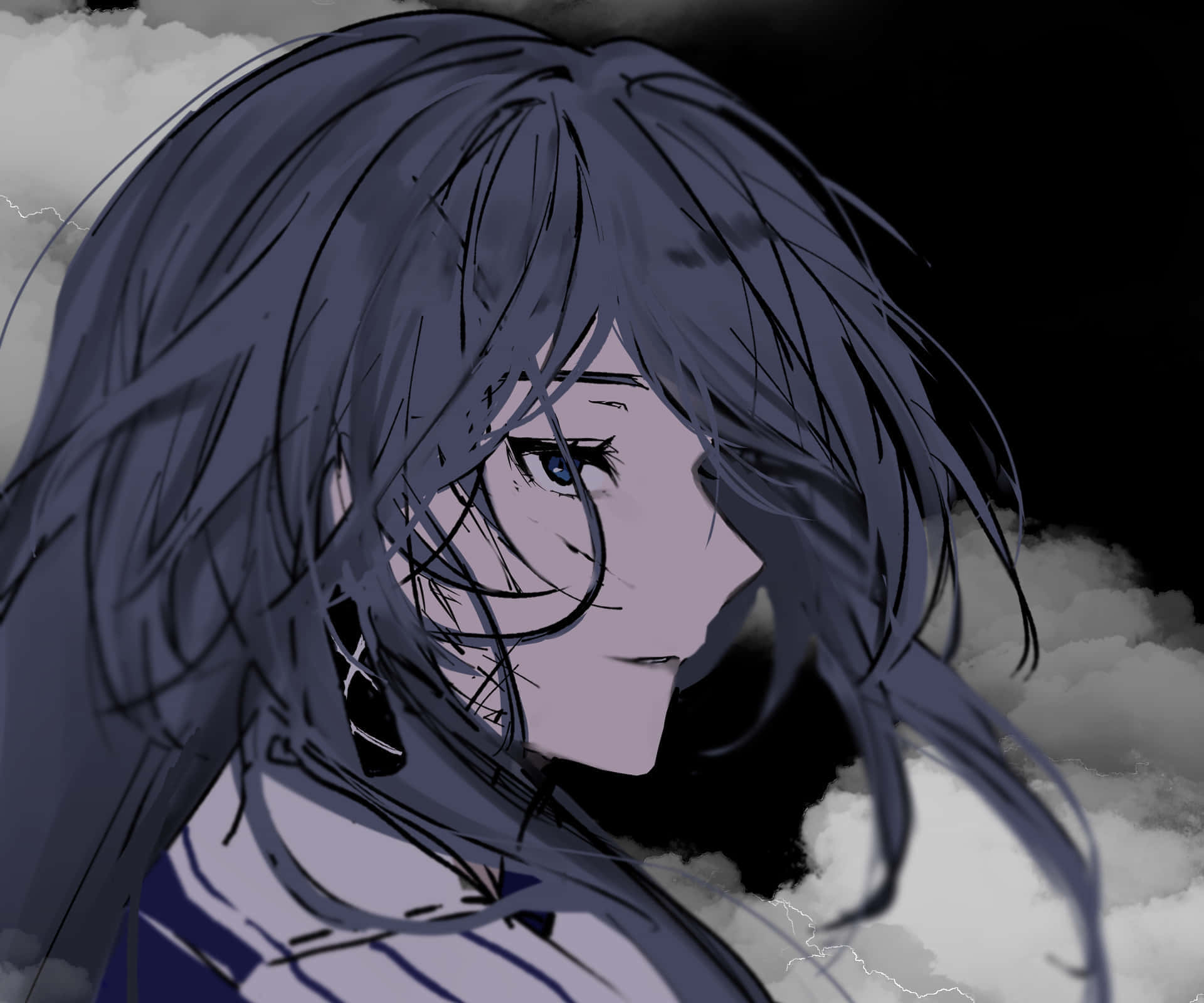 黑髮藍眼的動漫女孩在帶有閃電的暴風天空中低頭凝視。