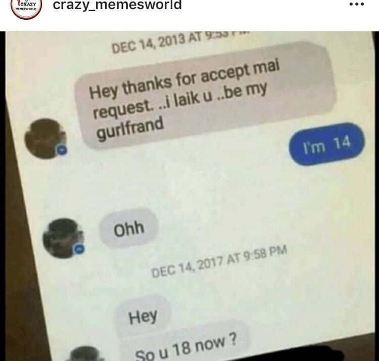 文字訊息截圖顯示一名14歲少女在被要求做女朋友後聲稱自己18歲。