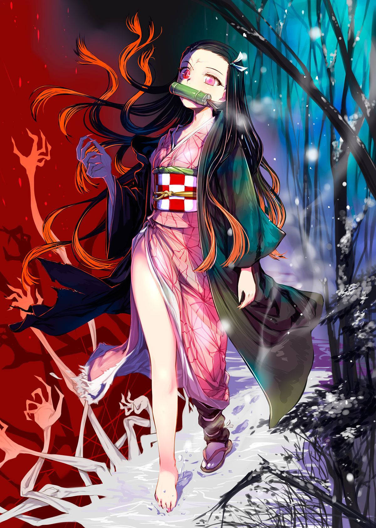 動漫女孩穿著和服，嘴裡塞著竹製口塞，站在雪地森林中，周圍有幽靈般的手。