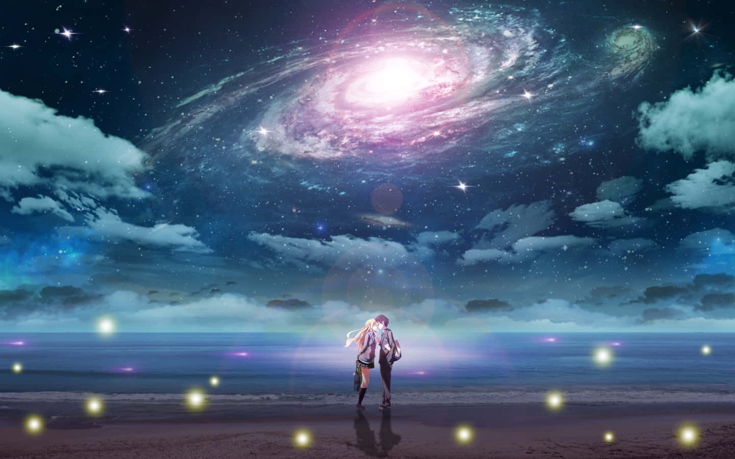 兩個動漫角色在夜晚凝視著發光海灘上方的星系。