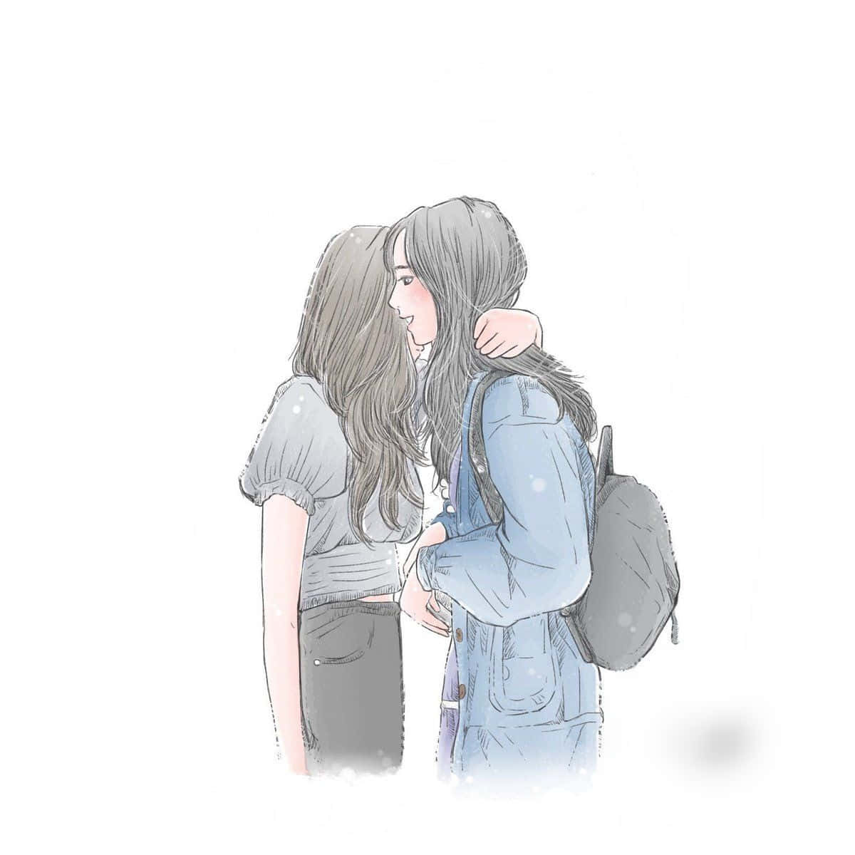 擁抱的女同性戀動漫畫像 壁紙 — 兩個女孩喺柔和嘅水彩插圖中溫暖擁抱，周圍有溫柔嘅雪花飄落。