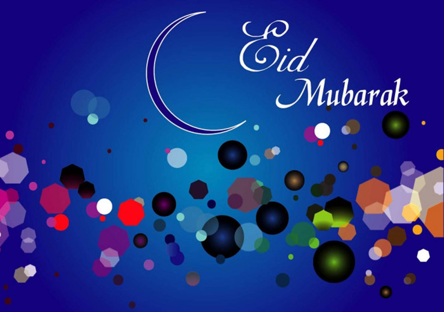 在藍色背景上帶有新月和彩色幾何形狀的Eid Mubarak祝福語。