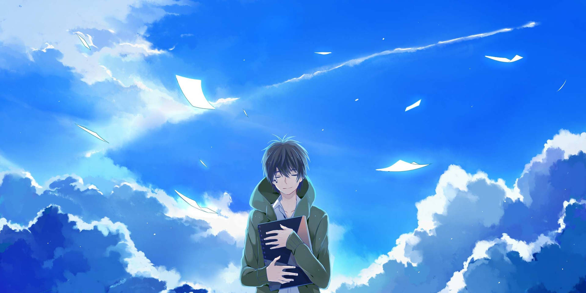 穿著綠色連帽衫的動漫男孩在藍天白雲和飄浮紙張下拿著書。