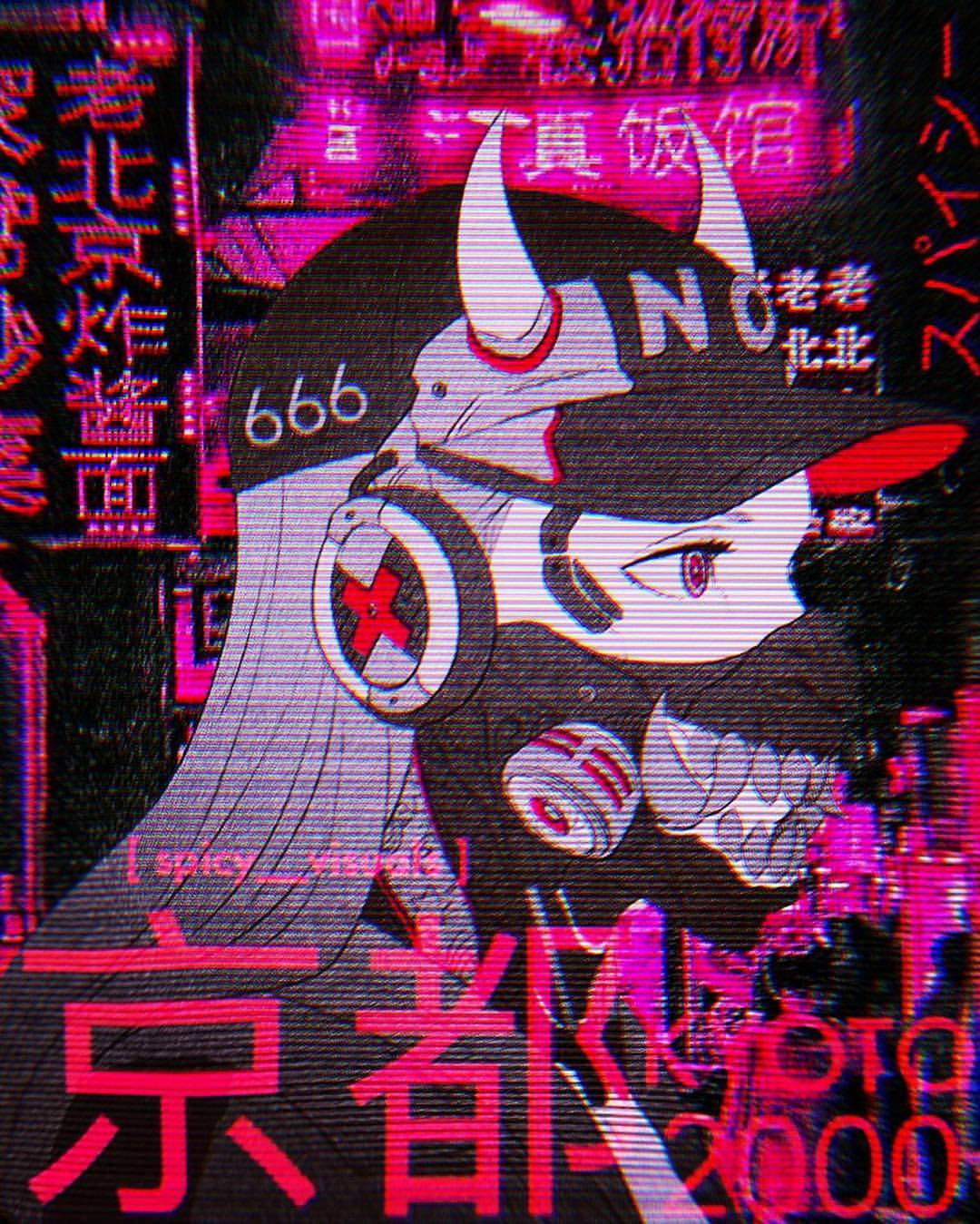 有角和耳機的動漫女孩，在帶有日文字的霓虹賽博龐克城市中。
