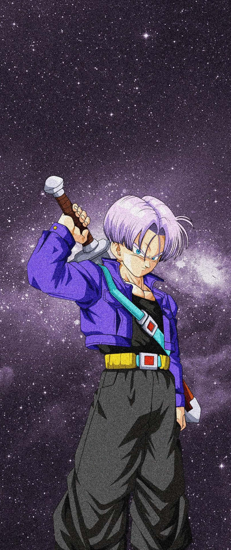 紫色頭髮的動漫戰士在星空太空背景下持劍。